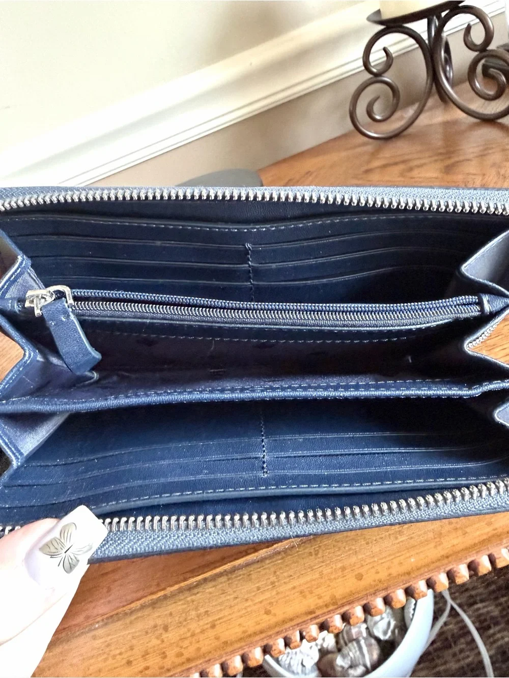 kate spade Lola Dusk Navy Glitter Zip Wallet with silver undertones like new